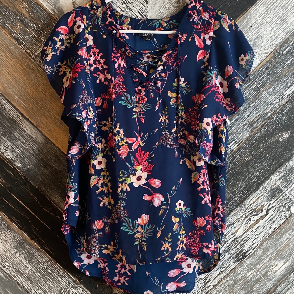 A.n.a Navy Floral Blouse